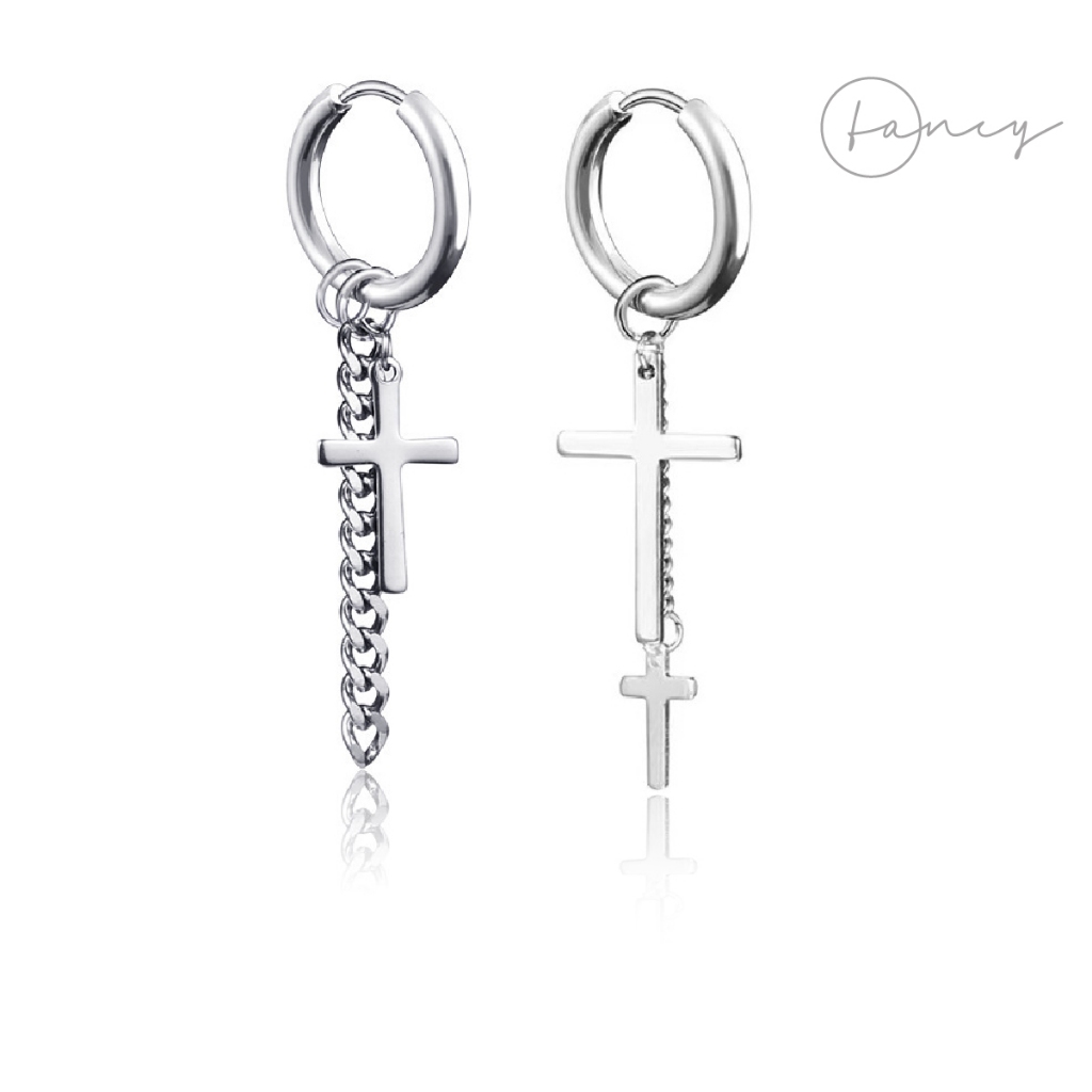 Khuyên tai dáng dài dài xích titan khuyên thánh giá nam cá tính không gỉ khoen tròn hoa tai nam thời trang kẹp | fancy