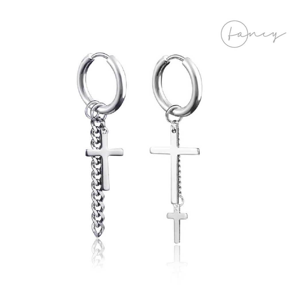 Khuyên tai dáng dài dài xích titan khuyên thánh giá nam cá tính không gỉ khoen tròn hoa tai nam thời trang kẹp | fancy