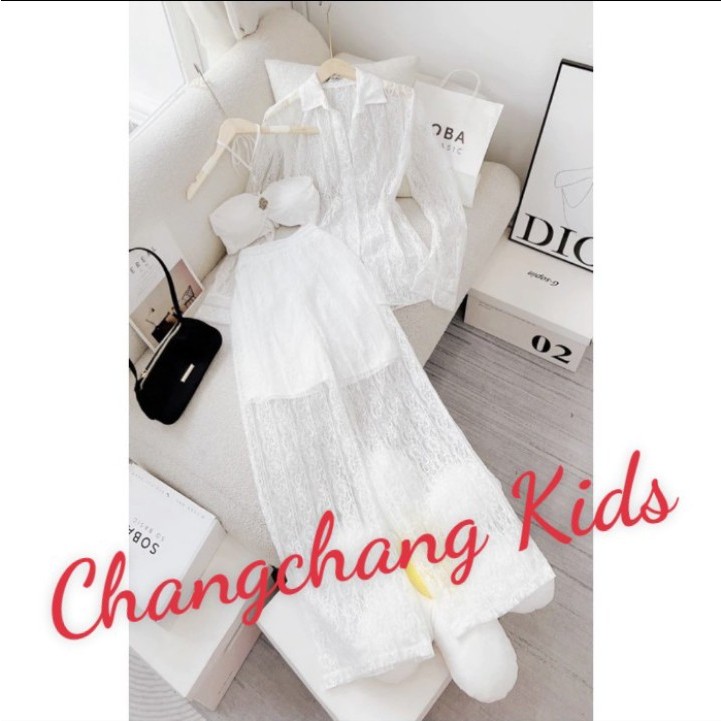 SALE SALE Sét ống rộng 3 món ren đi biển áo dây quần dài,áo sơ mi cho bé và mẹ bé 2 đến 16 tuổi