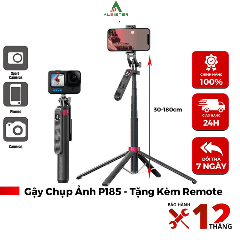 Gậy chụp ảnh 4 chân P185 tặng kèm remote, chiều dài 30-180cm