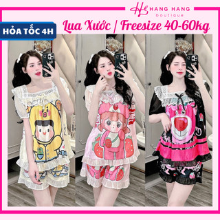 Đồ ngủ nữ 40-60kg, pijama đùi ngắn cổ ren tay voan phồng lụa xước mềm mát 60CC10, đồ bộ nữ đồ mặc nhà tiểu thư dễ thương