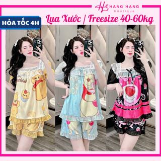 Đồ ngủ nữ 40-60kg, pijama đùi ngắn cổ ren tay voan phồng lụa xước mềm mát 60CC10, đồ bộ nữ đồ mặc nhà tiểu thư dễ thương