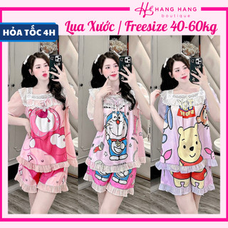 Đồ ngủ nữ 40-60kg, pijama đùi ngắn cổ ren tay voan phồng lụa xước mềm mát 60CC10, đồ bộ nữ đồ mặc nhà tiểu thư dễ thương