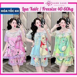 Đồ ngủ nữ 40-60kg, pijama đùi ngắn cổ ren tay voan phồng lụa xước mềm mát 60CC10, đồ bộ nữ đồ mặc nhà tiểu thư dễ thương