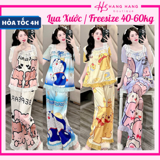 Đồ ngủ nữ 40-60kg, pijama dài cộc tay voan cổ thuyền ren lụa xước mềm mát 60CD14, đồ bộ nữ đồ mặc nhà tiểu thư dễ thương