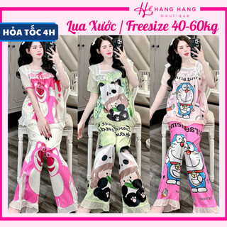 Đồ ngủ nữ 40-60kg, pijama dài cộc tay voan cổ thuyền ren lụa xước mềm mát 60CD14, đồ bộ nữ đồ mặc nhà tiểu thư dễ thương