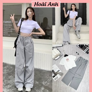 Set Bộ Đồ Nữ Áo Croptop Trắng Basic Ngắn Tay Mix Quần Suông Xám Ghi Nút Đen Dây Rút Eo Freesize