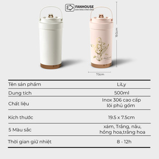 Ly giữ nhiệt Lily inox 316 lõi tráng Sứ, cốc giữ nhiệt 500ml Fan House khắc tên theo yêu cầu
