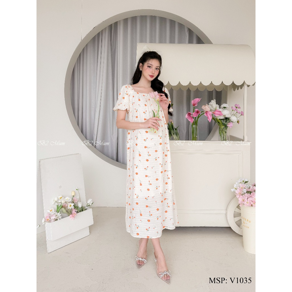 Váy bầu thiết kế Váy hoa kem V1035 B2MUM