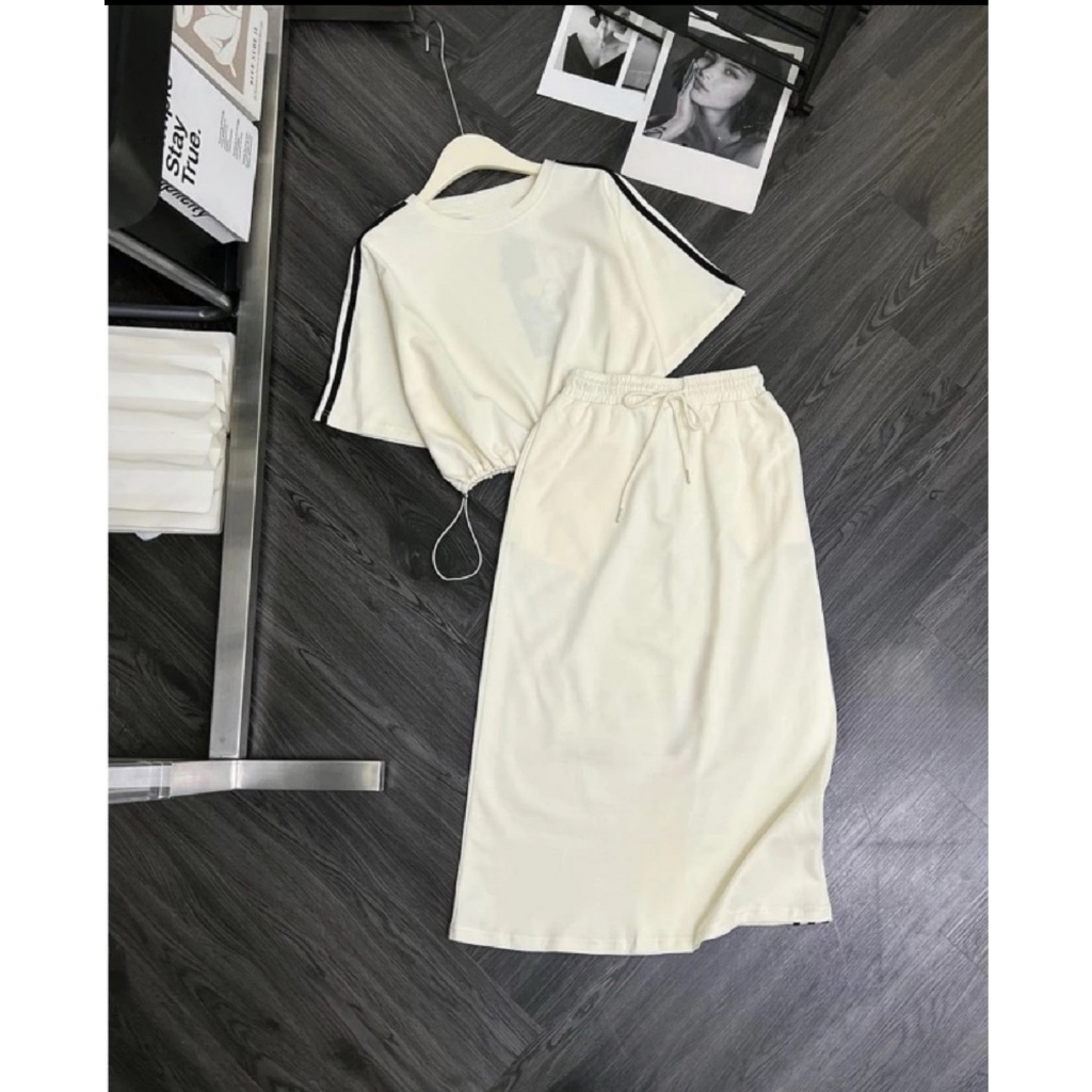 Set bộ thể thao Áo crotop cộc tay phối chân váy sọc chất umi ĐEN VÀ TRẮNG [BIGSIZE] MS30