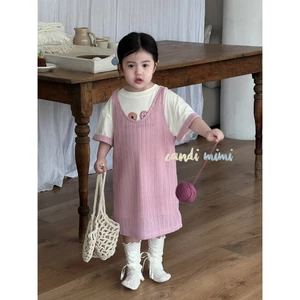 CANDIMIMI Set Váy Phông In Chữ Và Yếm Lưới Hồng Mềm Mát Cho Bé Gái- Phong Cách Hàn Quốc