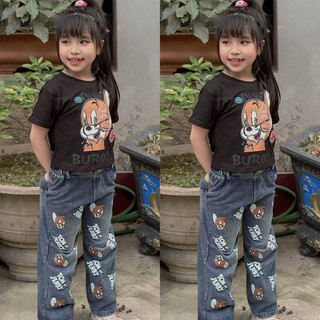 Bộ bé gái,Sét áo cotton quần jean ông xuông hoạ tiết chuột jerrry cho bé gái