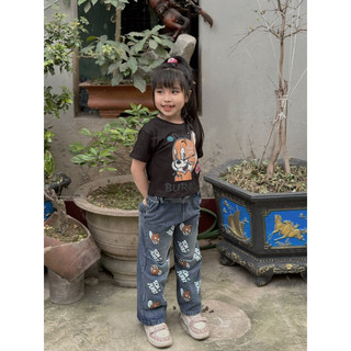 Bộ bé gái,Sét áo cotton quần jean ông xuông hoạ tiết chuột jerrry cho bé gái