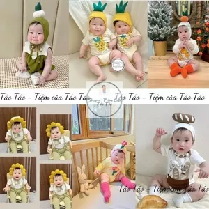 Bộ bodysuit cover ikii các loại HOA QUẢ kèm mũ tặng tất/ vớ cho bé sơ sinh, bé trai, bé gái HÀN QUỐC