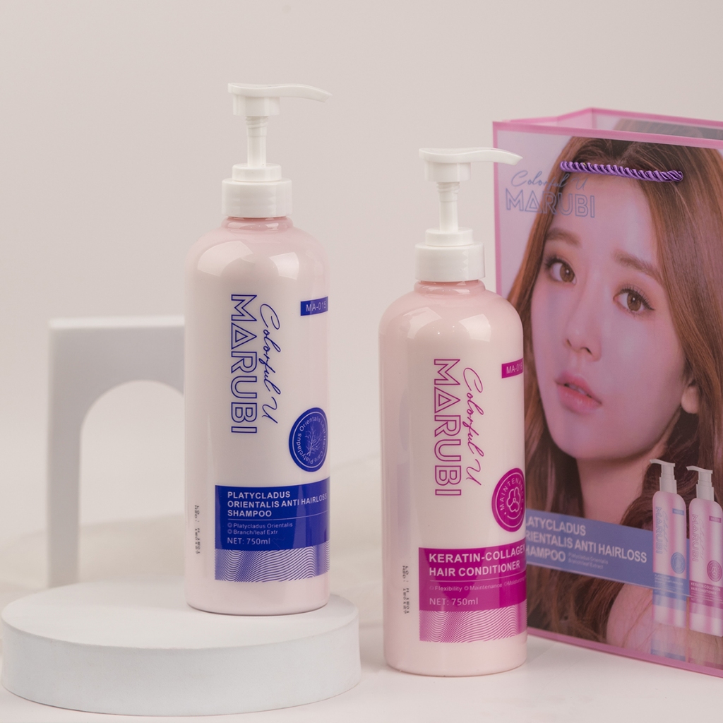 Cặp Dầu Gội Xả Trắc Bách Diệp Hà Thủ Ô Marubi 750ml giảm rụng tóc