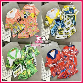Đồ bộ bé trai pijama ngắn chất thun gân họa tiết hoạt hình siêu nhân khủng long