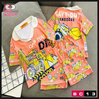 Đồ bộ bé trai pijama ngắn chất thun gân họa tiết hoạt hình siêu nhân khủng long