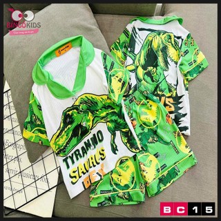 Đồ bộ bé trai pijama ngắn chất thun gân họa tiết hoạt hình siêu nhân khủng long