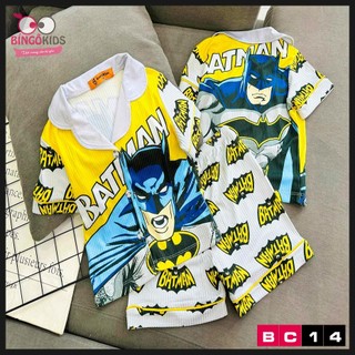 Đồ bộ bé trai pijama ngắn chất thun gân họa tiết hoạt hình siêu nhân khủng long
