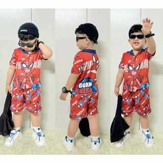Đồ bộ bé trai pijama ngắn chất thun gân họa tiết hoạt hình siêu nhân khủng long