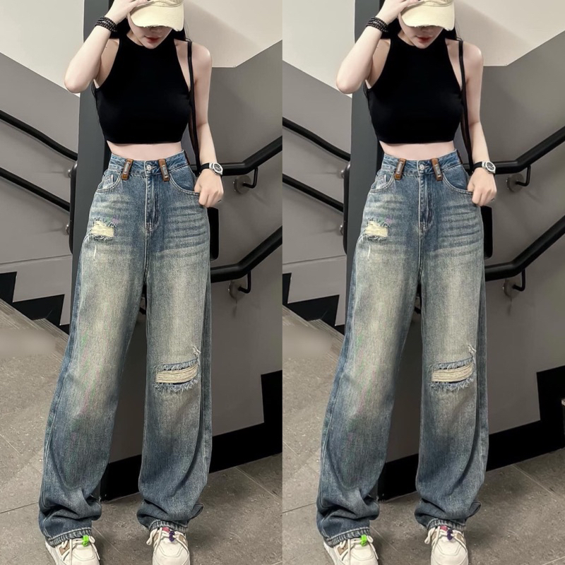 -	S-2XL)HHCHOU-Quần Jeans Suông Rách  Màu Đậm Trầm Wash 2 Bên Lưng Kiểu H2233