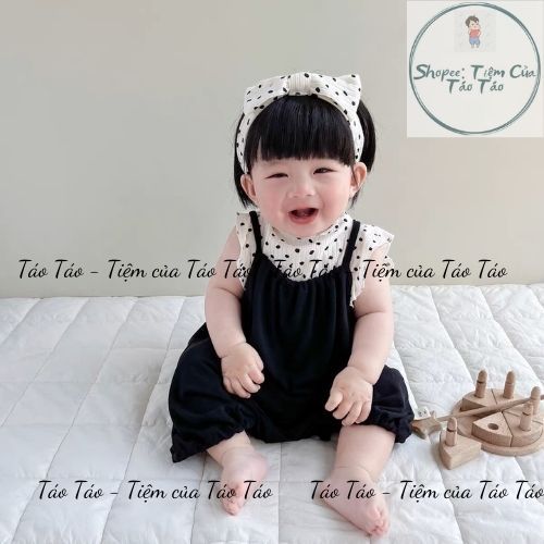 (HÀNG CÓ SẴN )  Yếm chấm bi kèm áo có tặng nơ buộc đầu, tặng tất trắng cho bé 5-13kg