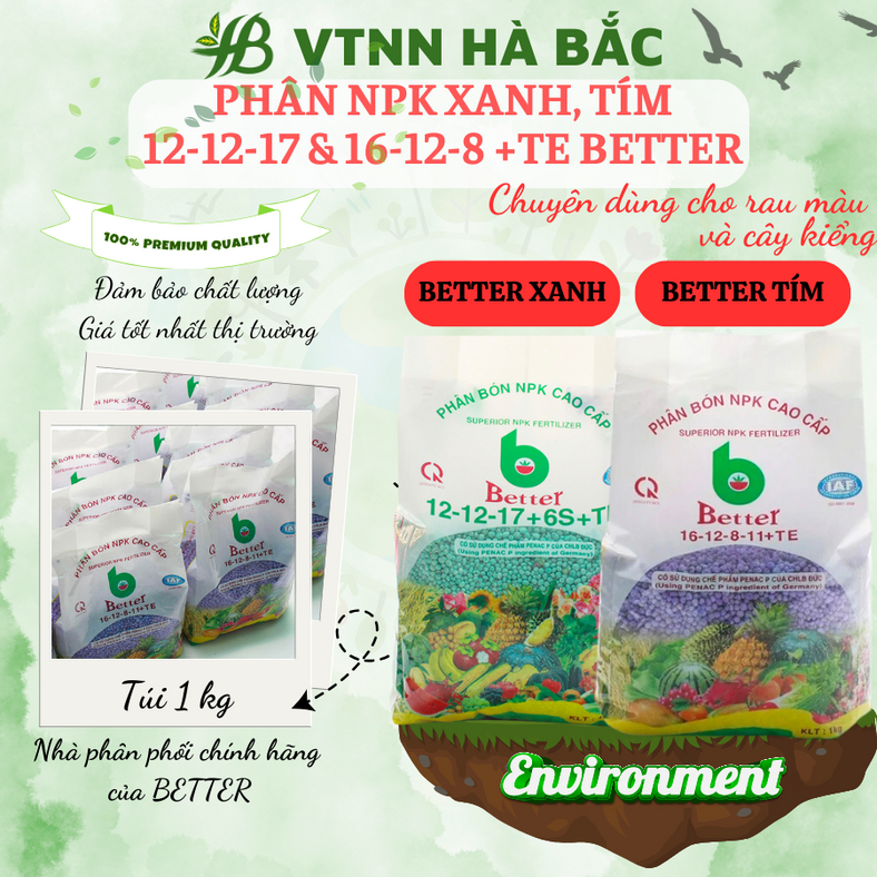 Phân bón NPK Better Xanh (12-12-17-6S+TE) và NPK Tím (16-12-8 11+TE)  (1KG), dùng cho mọi giai đoạn phát triển của cây