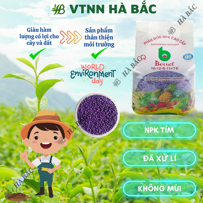 Phân bón NPK Better Xanh (12-12-17-6S+TE) và NPK Tím (16-12-8 11+TE)  (1KG), dùng cho mọi giai đoạn phát triển của cây
