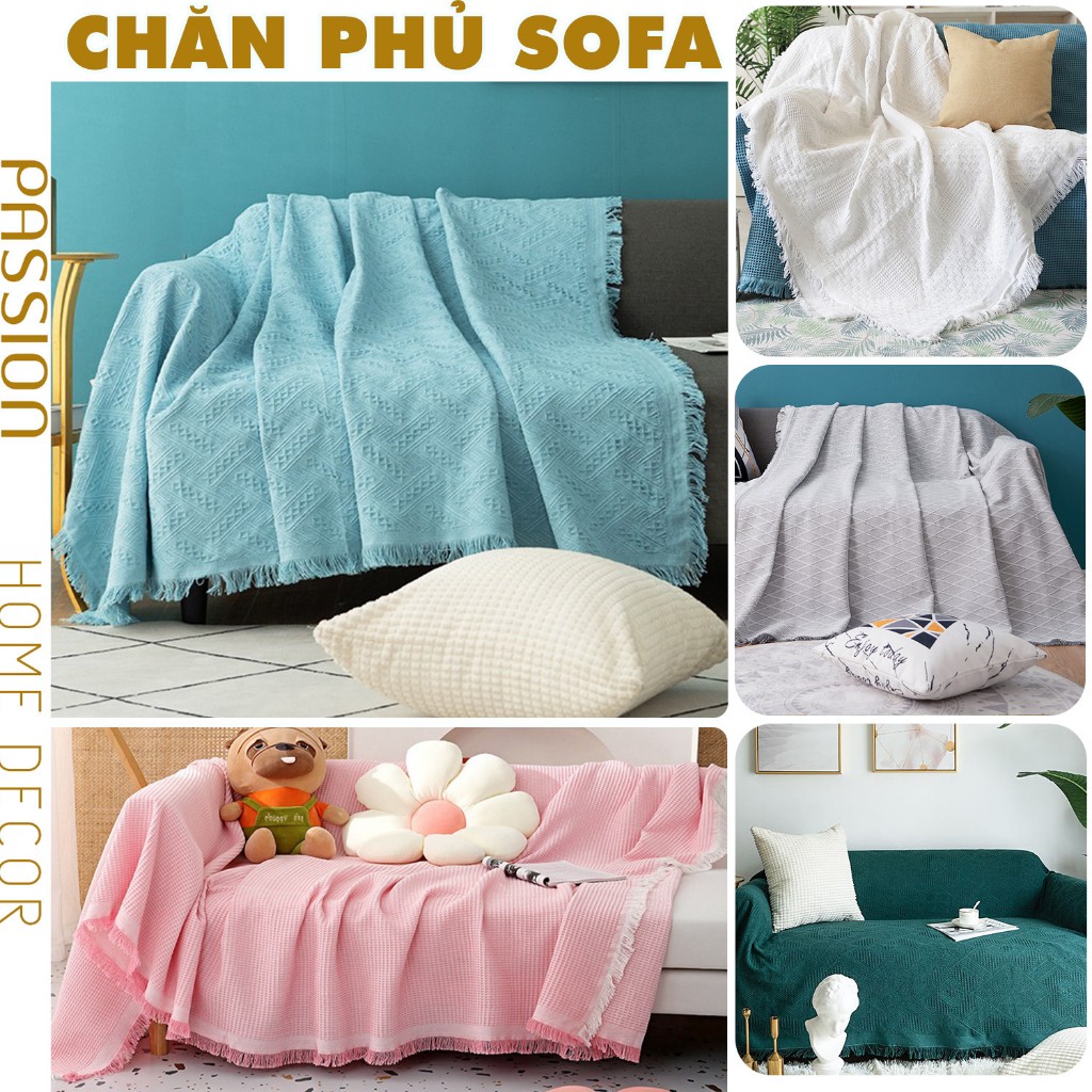 Chăn Thảm Phủ Ghế Sofa Vingtage Tua Rua Màu Đơn Sắc Phong Cách Hiện Đại Size Lớn