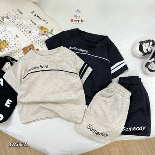 Bộ cotton cổ tròn in chữ viền ngực cho bé, bộ thun cộc tay không có cổ mềm mát cho bé