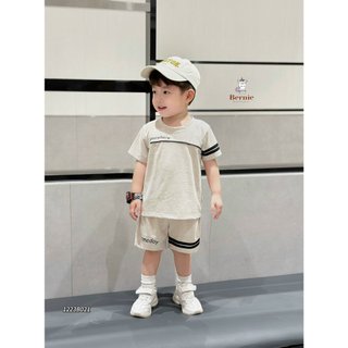 Bộ cotton cổ tròn in chữ viền ngực cho bé, bộ thun cộc tay không có cổ mềm mát cho bé