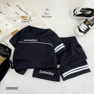 Bộ cotton cổ tròn in chữ viền ngực cho bé, bộ thun cộc tay không có cổ mềm mát cho bé