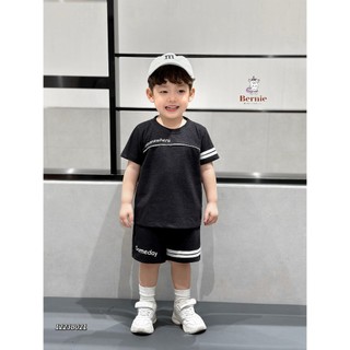 Bộ cotton cổ tròn in chữ viền ngực cho bé, bộ thun cộc tay không có cổ mềm mát cho bé