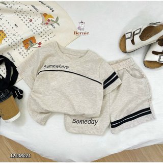 Bộ cotton cổ tròn in chữ viền ngực cho bé, bộ thun cộc tay không có cổ mềm mát cho bé