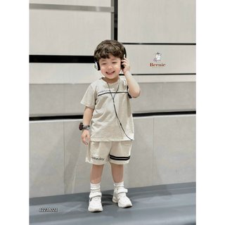 Bộ cotton cổ tròn in chữ viền ngực cho bé, bộ thun cộc tay không có cổ mềm mát cho bé
