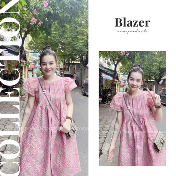 Đầm bầu babydoll , váy bầu thiết kế công sở kẻ hồng tay ngắn dự tiệc mùa hè trẻ trung năng động đầm bầu Elly