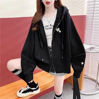 Áo Khoác Nỉ Form Vừa Thêu 3 Hình Trái Tym Xinh Xắn Dây Kéo Thắt Kiểu Mới