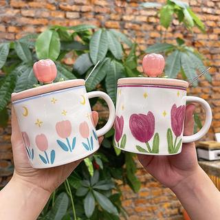 Ly cốc sứ trắng cao cấp sang trọng họa tiết xinh xắn làm quà  tặng kèm thìa innox
