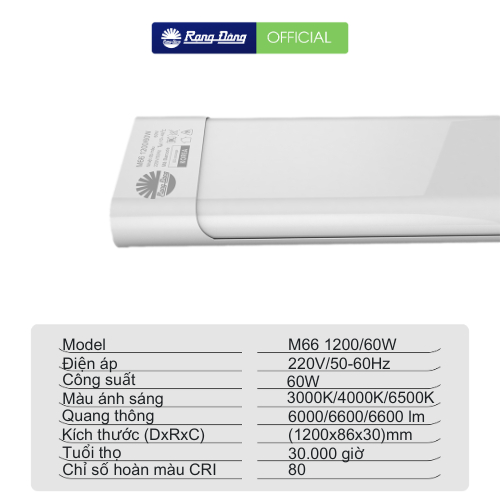 Ảnh Bộ đèn LED Rạng Đông M66 1200/60W Model: M66 1200/60W, chiều dài 1m2 công suất 60W, ánh sáng trắng 1