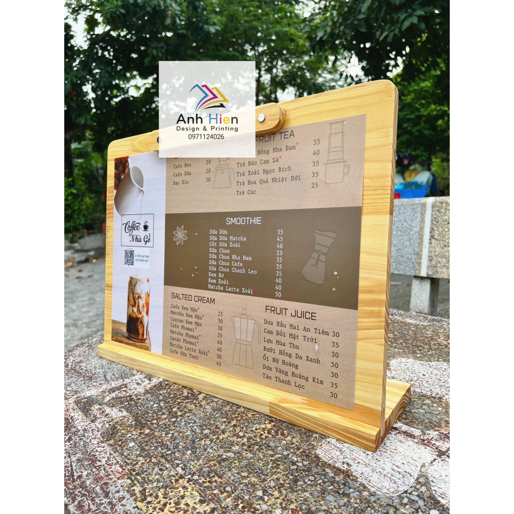 menu gỗ size A3, bảng gỗ kẹp menu a3, standee menu a3, menu gỗ để bàn ...