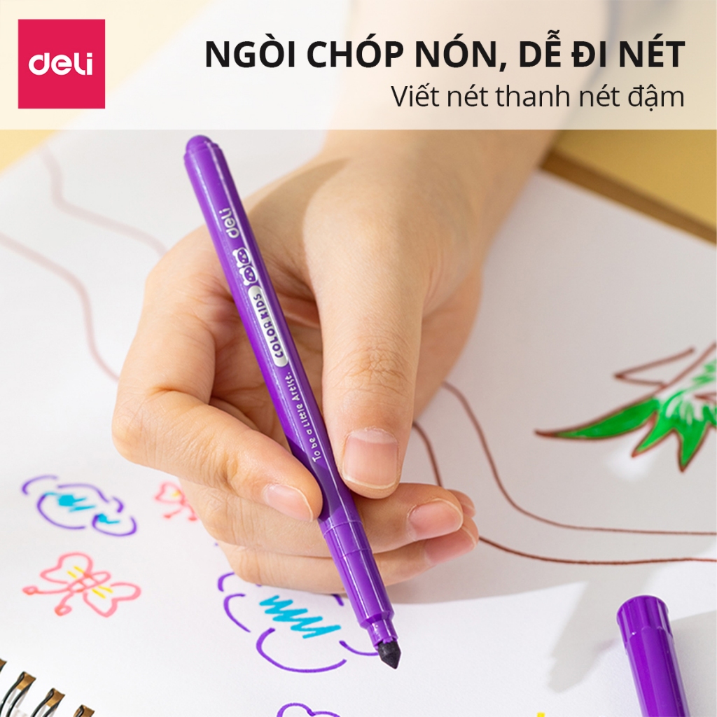 Bút Lông Màu Felt Pen Deli Chính Hãng, 12/18/24 Màu Ngòi Chóp, Lượng Mực Lớn Nhiều Màu Phù Hợp Vẽ Tranh Tô Màu Đi Nét