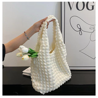 Túi Tote Xốp Nhăn Vải Dày Dặn Đeo Vai Hoạ Tiết Ô Vuông Đơn Giản Hàn Quốc