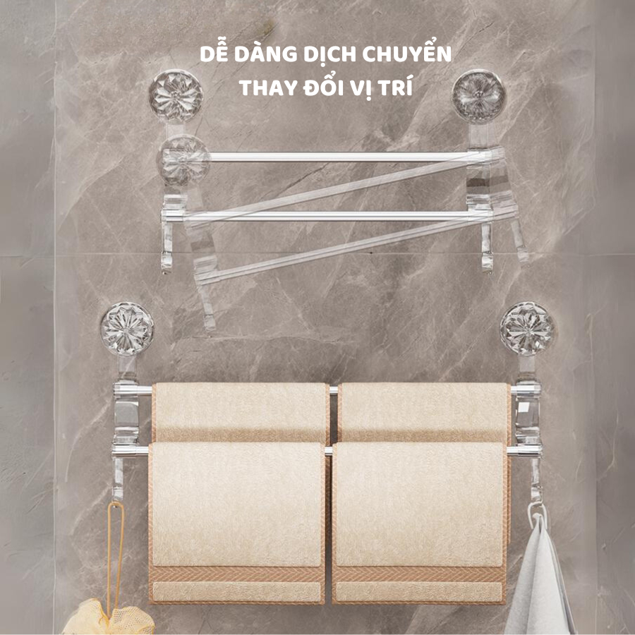 Giá Treo Khăn Mặt Nhà Tắm 2 Tầng Miếng Hút Dán Tường Không Khoan Đục, Thanh Treo Dép, Phơi Đồ