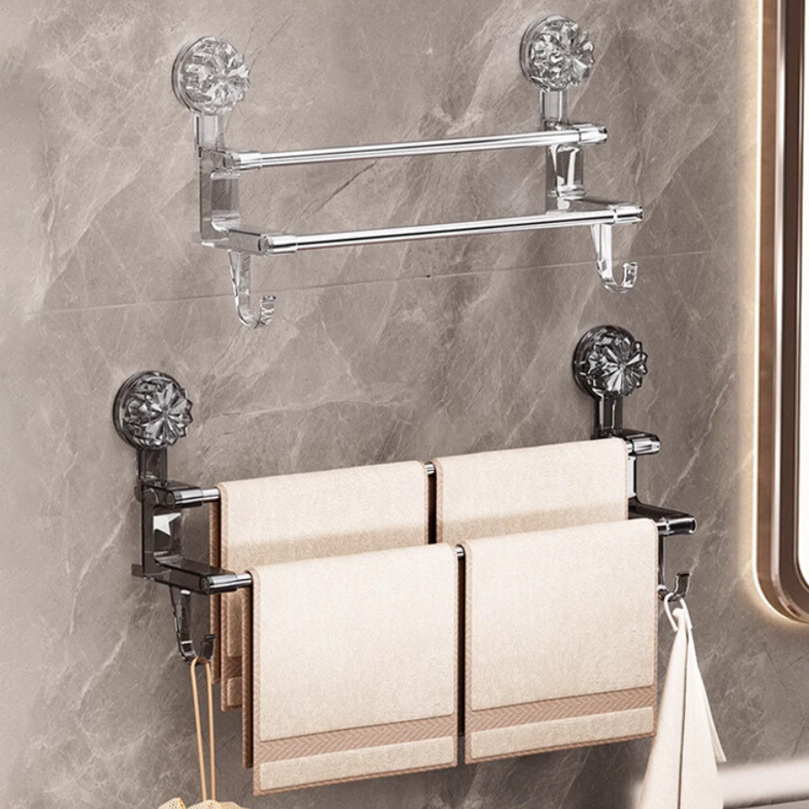 Giá Treo Khăn Mặt Nhà Tắm 2 Tầng Miếng Hút Dán Tường Không Khoan Đục, Thanh Treo Dép, Phơi Đồ