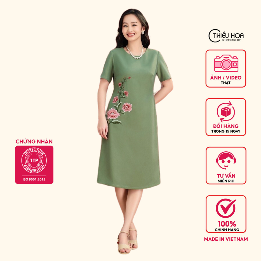 Đầm thiết kế trung niên, chất liệu chéo nhưng cao cấp, hoa thêu bắt mắt ...