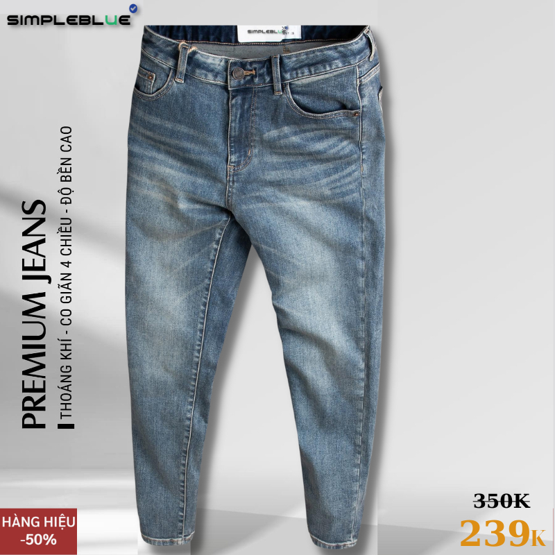 Quần jeans nam dáng basic Slim Crop Co Giãn Tốt, Không