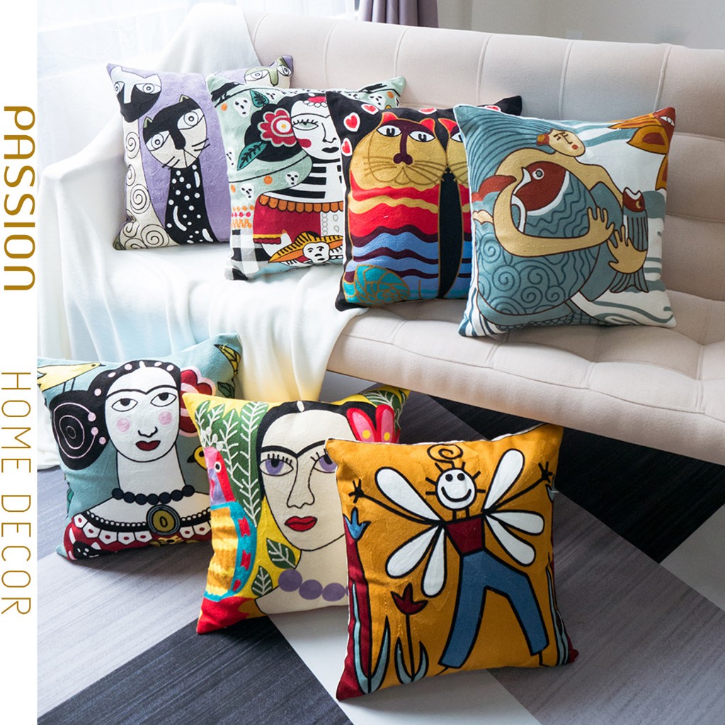 Vỏ Gối Tựa Lưng Trang Trí Sofa Phòng Khách Linen Thêu Cô Gái & Tranh Van Gogh