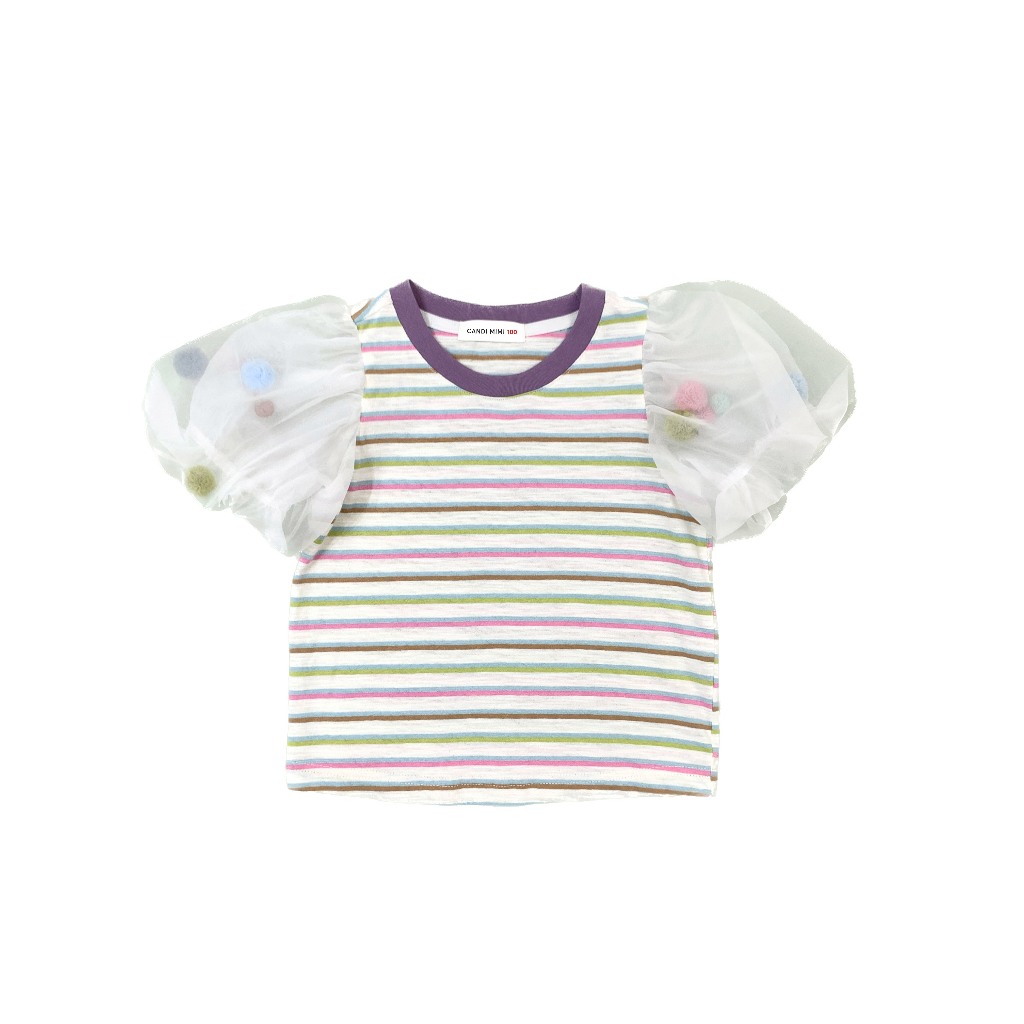 CANDIMIMI Áo Phông Kẻ Cotton Tay Voan Trắng Hạt Bông Dễ Thương Cho Bé Gái -  Phong Cách Hàn Quốc