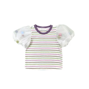 CANDIMIMI Áo Phông Kẻ Cotton Tay Voan Trắng Hạt Bông Dễ Thương Cho Bé Gái - Phong Cách Hàn Quốc