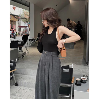 Quần ống rộng 1 khuy cài vải trượt pha màu mẫu mới siêu xinh, quần vải ống suông lưng cao tôn dáng